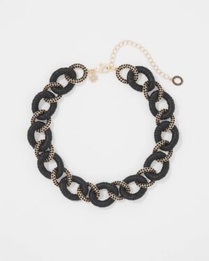 Black Raffia + Crystal Link Necklace