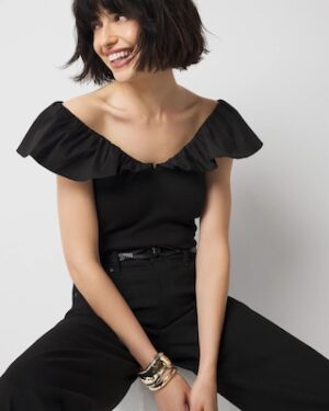 Petite Ruffle Poplin Knit Top