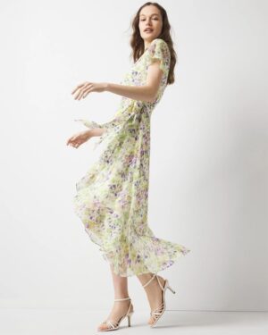Short Sleeve Flutter Wrap Midi Dress