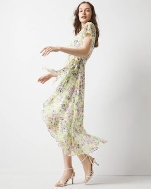 Petite Short Sleeve Flutter Wrap Midi Dress