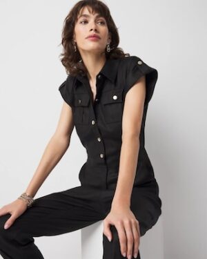 Linen-Blend Short-Sleeve Utility Jumpsuit